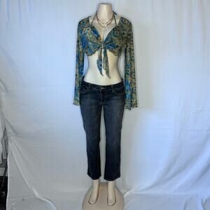 Cider One Size Y2K Sheer Mesh Tie Front Crop Top Blue Floral Open Back
